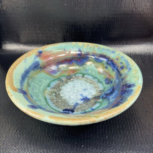 1980s Hand Made Pottery Dish Bowl Large Crystalline Glaze 8inch Recycle Center - Picture 6 of 14